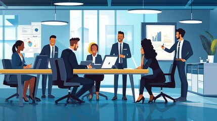 A diverse group of people sitting around a conference table in a modern office, listening to a presentation.