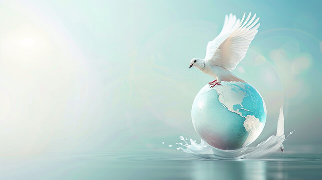 World Peace Day Banner with a bird is flying over a globe that has a flying dove on it, international day of peace concept. World peace day