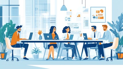 A group of diverse office workers are collaborating on a project, using laptops and working in a modern office setting.