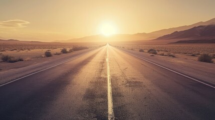Fototapeta premium an empty, open road leading into the distance, surrounded by a vast desert landscape