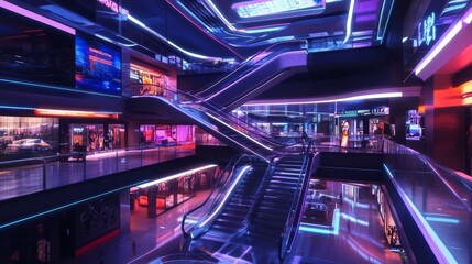 Neon-lit Escalator in Futuristic Shopping Mall.