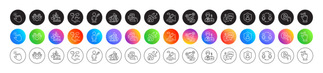 Cursor, Teamwork and Security line icons. Round icon gradient buttons. Pack of Workflow, Businessman case, Touchscreen gesture icon. Shift, Safe time, People vaccination pictogram. Vector