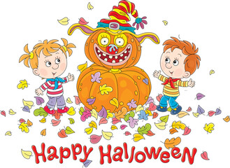 Happy Halloween card with cheerful little boy and girl jumping near a funny scarecrow with a pumpkin had, vector cartoon illustration on a white background