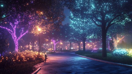 Nighttime Park Path with Colorful Lights.
