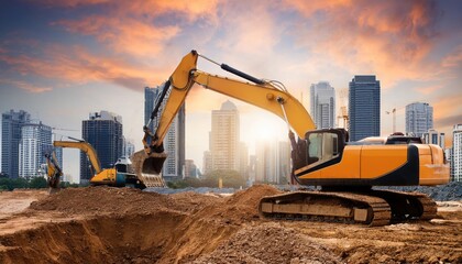 Excavators working at a construction site against a city skyline during sunset, showcasing industrial progress and urban development.