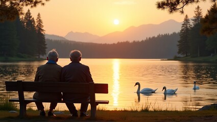 Obraz premium Elderly couple watching swans on a tranquil lake at sunset