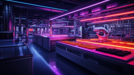 Obraz premium Futuristic Food Production Facility with Neon Lights.