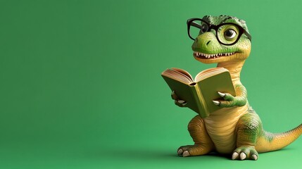 Fototapeta na wymiar A cute, cartoon dinosaur wearing glasses is reading a book against a green background.