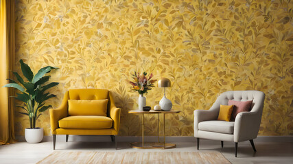 yellow armchair with coffee table and plant on yellow wallpaper wall background