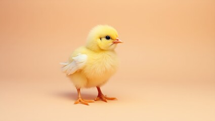 Adorable fluffy yellow chick on soft peach background cozy and inviting