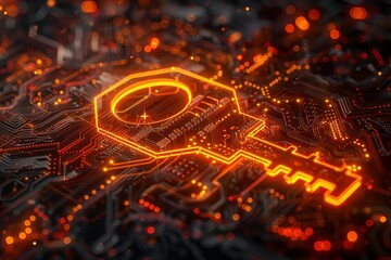 Obraz premium A glowing digital key is prominently displayed on a circuit board, highlighting elements of cybersecurity and technology in a captivating and futuristic design.