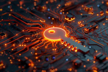 The glowing key element stands out against a detailed circuit board, illustrating themes of digital security and technology in a visually striking manner.