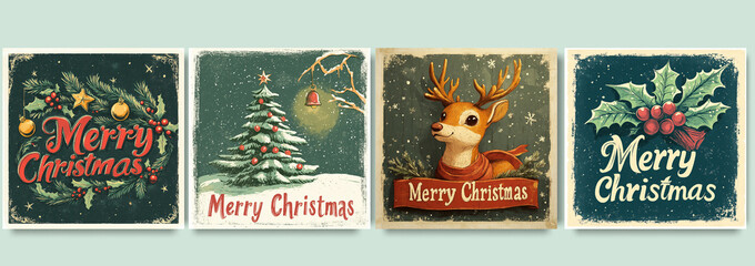 Obraz premium Vintage Merry Christmas and Happy New Year greeting card set. Retro beautiful Xmas design with festive featuring wreath, tree, reindeer and Christmas tree. Minimal art banner, poster, cover templates