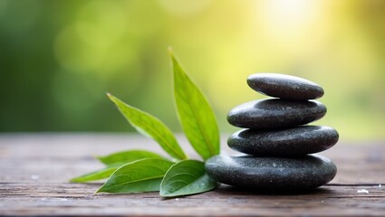 Naklejka premium Zen stones on wooden table with green leaves soft sunlight