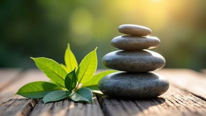 Obraz premium Zen stones on wooden table with green leaves soft sunlight