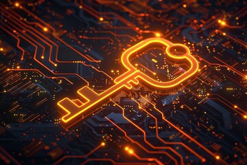 An orange key glows against a dark, circuit-like background, representing themes of digital security and technology. The intricate design highlights connectivity and modern innovation.