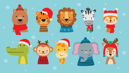 Cute Christmas wild animals vector illustration including a lion, tiger, bear, fox, zebra, crocodile, monkey, giraffe, elephant, and deer. Jungle animals with Santa Claus hat. © JungleOutThere