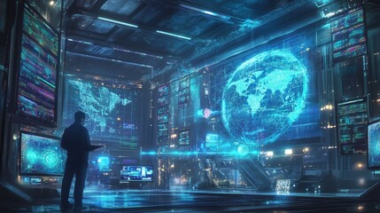 Fototapeta premium Futuristic Control Room with Global Network.