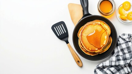 A stack of warm pancakes topped with syrup sits in a black pan beside a spatula and syrup jar