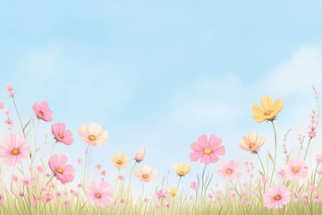 Vibrant floral landscape with colorful flowers against a clear blue sky, perfect for spring themes and nature designs.