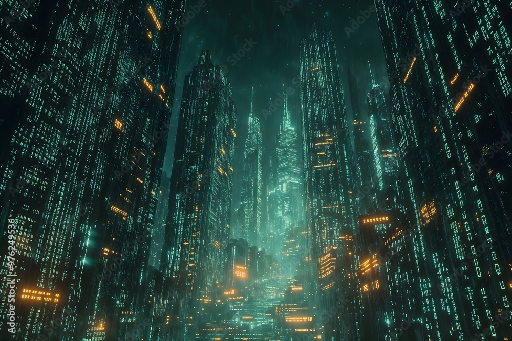 Poster neon matrix metropolis. a cyberpunk cityscape of skyscrapers covered in flowing digital binary code 