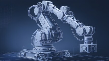 Industrial Robot Arm Blueprint  Wireframe Design  Automation  Manufacturing