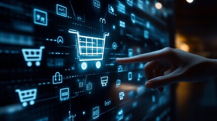 Fototapeta premium Online Shopping, E-commerce, Digital Marketing, Finger Pointing at Shopping Cart Icon.