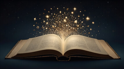 An open book with shining stars and soft rays of light all around
