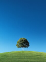 Fototapeta premium A Solitary Green Tree Stands on a Grassy Hill Under a Clear Blue Sky in Bright Daylight