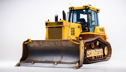 A detailed view of a yellow bulldozer showcasing its powerful blade and tracks, ideal for construction and heavy machinery themes.