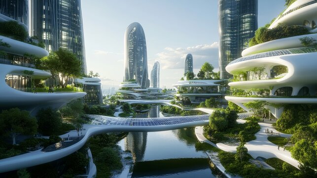 A utopian city with eco-friendly technology, green buildings, and solar-powered transport systems