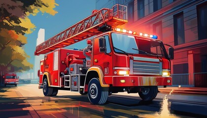 A vibrant red fire truck parked on a city street, showcasing its ladder and emergency lights in a colorful urban setting.