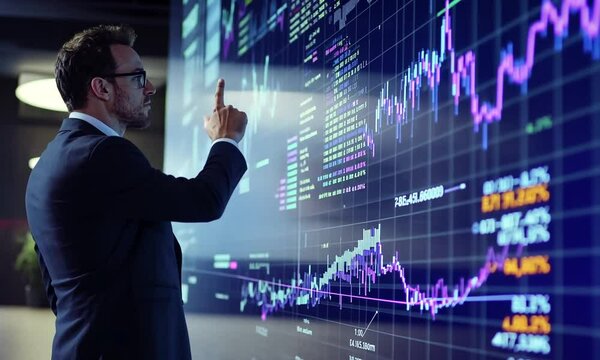 A businessman stands in front of a large digital screen showing stock market trends, pointing to key points