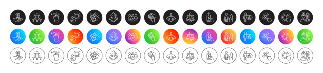 Seo target, Touchscreen gesture and Volunteer line icons. Round icon gradient buttons. Pack of Loyalty program, Like, Phone payment icon. Business results, Deal, Inclusion pictogram. Vector