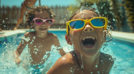 Naklejka premium Two joyful children, wearing bright and colorful sunglasses, are splashing water playfully in a sunny pool