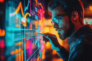 Innovative businessman analyzing colorful lines and shapes on digital screen, showcasing data visualization and modern technology. His focused expression reflects determination and creativity