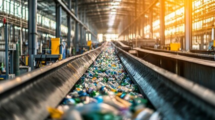 Fototapeta premium Conveyor Belt of Plastic Bottles at a Recycling Facility.