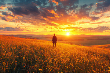 Fototapeta premium A person standing in an open field at sunrise, surrounded by vibrant flowers and breathtaking sky filled with colorful clouds. scene evokes sense of peace and wonder