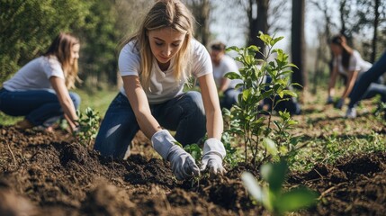 Woman planting a tree with her friends.