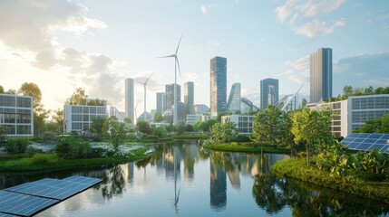 Naklejka premium Sustainable Cityscape with Wind Turbines and Solar Panels.