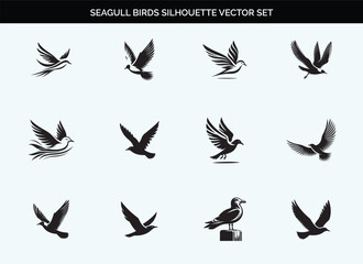 Black Seagull Bird Silhouette Vector Illustration with Editable Transparent Background