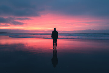 A person standing on beach at dawn, silhouetted against vibrant pink and purple sky, reflecting on wet sand. serene atmosphere evokes sense of calm and introspection