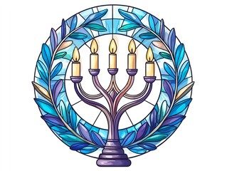 A colorful stained glass artwork featuring a menorah surrounded by vibrant leaves, perfect for festive decor.