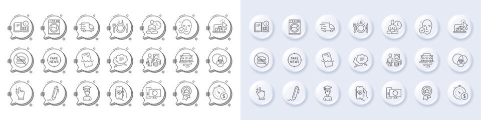 Last minute, Text message and Euler diagram line icons. White pin 3d buttons, chat bubbles icons. Pack of Health skin, Washing machine, Recovery computer icon. Vector