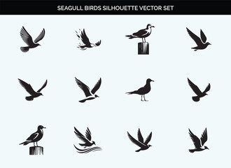 Black Seagull Bird Silhouette Vector Illustration with Editable Transparent Background