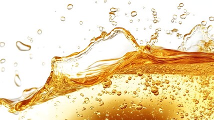 A dynamic splash of golden beer, captured in mid-air with frothy bubbles and droplets, isolated on clean white background.