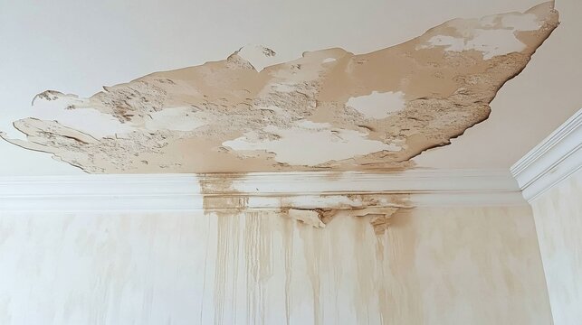 Water damage is apparent on a white ceiling, where stains and peeling paint call for immediate restoration efforts.
