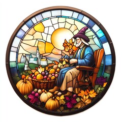 A vibrant stained glass artwork showcasing an elderly figure gathering autumn harvest under a bright sun.
