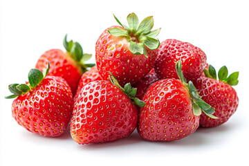Fresh strawberries are piled together, showcasing their vibrant red color and green leaves, perfect for desserts or healthy snacks