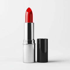 Obraz premium Lipstick, red, standing upright, minimalistic, isolated, white background, beauty, cosmetic, makeup, elegance concept